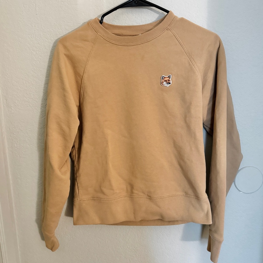 MAISON KITSUNE Tan Crewneck Sweatshirt with Fox Patch